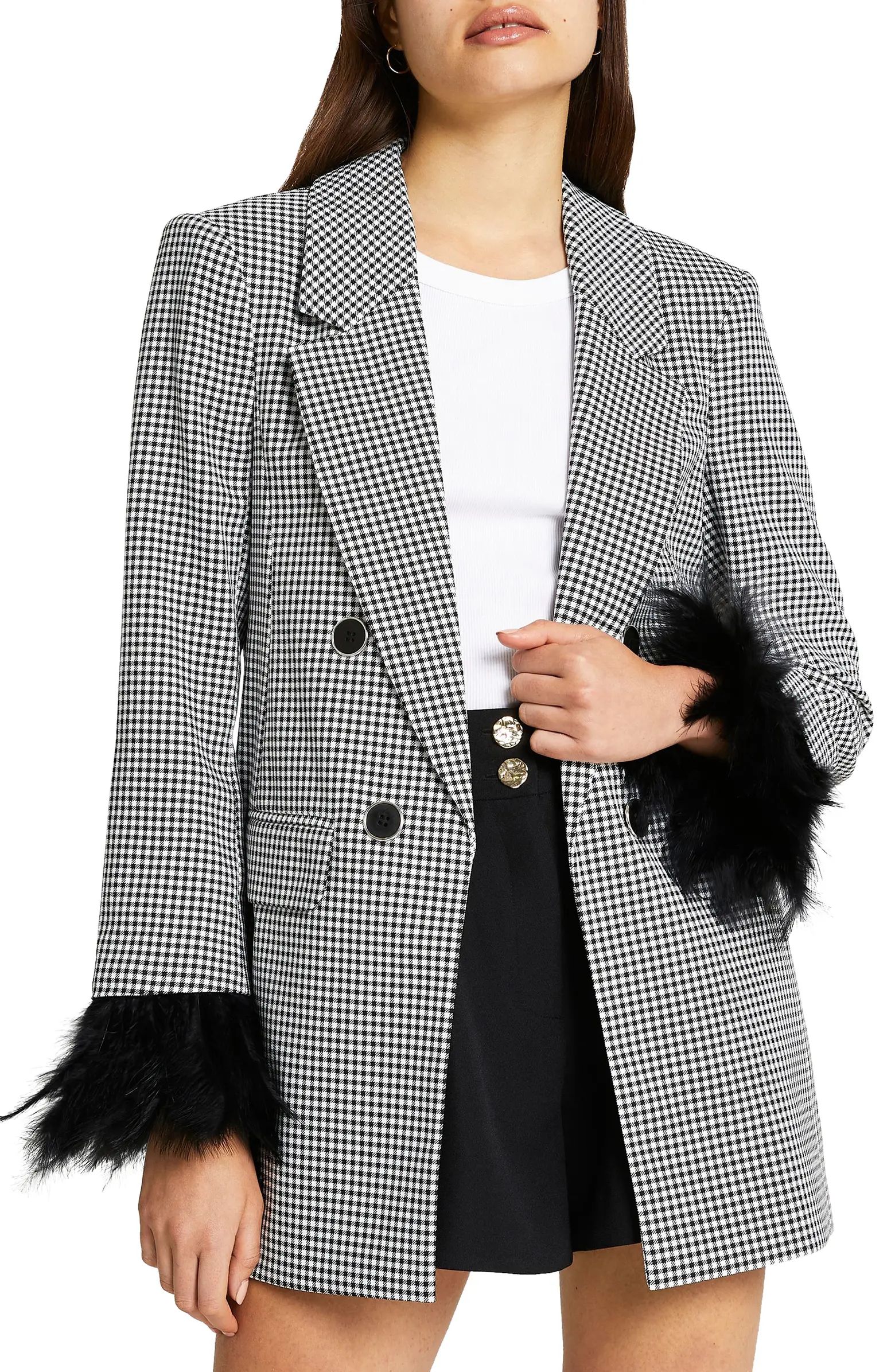 River Island Feather Cuff Check Double Breasted Blazer | Nordstrom | Nordstrom