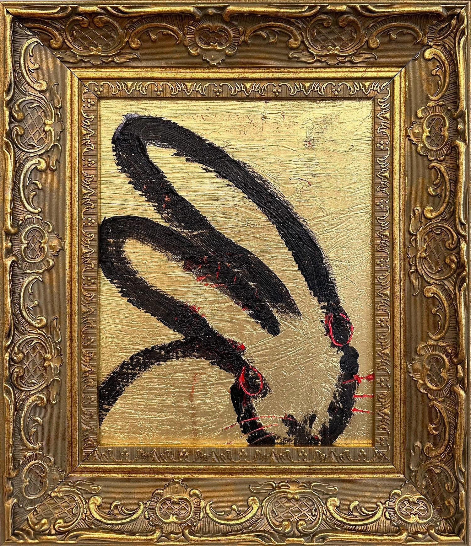 "Golden Girl" Black Outline Bunny on Gold Background Oil Painting Framed2025 | 1stDibs