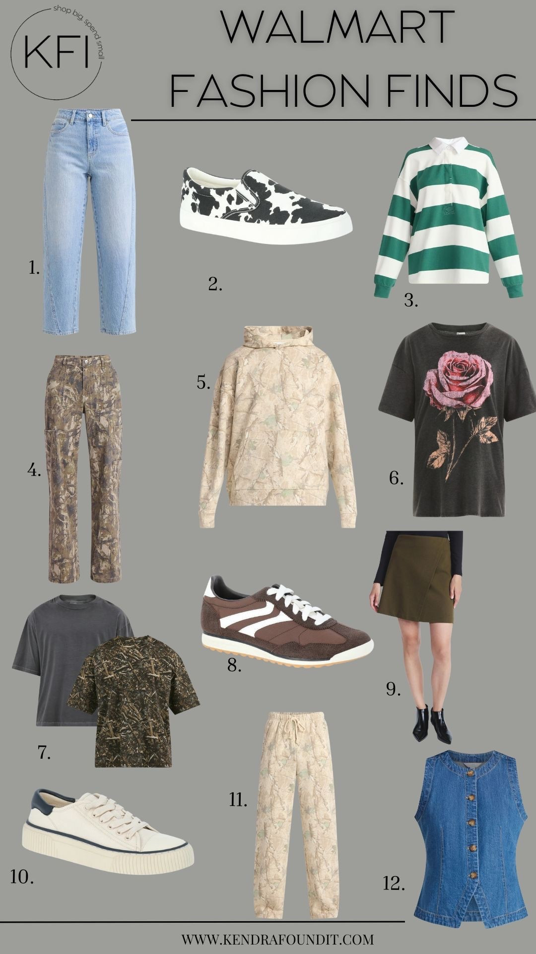 Walmart fashion finds! Minimalist Walmart fashion capsule for fall—designer-inspired pieces that make getting dressed easy and affordable. Think barrel jeans with that curved, modern leg; a green striped rugby for structure; an olive mini skort for dress-up days; a tailored denim vest for layering; a camo utility pants and sweatshirt set when you want a little edge; a graphic rose tee and boxy tees for everyday. Finish with cow-print slip-ons, cream court sneakers, and brown retro runners—clean lines, neutral palette, mix-and-match silhouettes.

Style it three ways: barrel jeans + rugby + court sneakers for casual days; mini skort + denim vest + slip-ons for a polished errand look; camo pants + boxy tee + retro runners for weekend plans. Everything plays nicely together, so you can rotate tops and bottoms and still keep it minimal, elevated, and comfortable.

Tap to shop the pieces, save for later, and tell me which combo you’re wearing first.

#WalmartPartner #WalmartFashion @walmartfashion

#LTKStyleTip #LTKShoeCrush #LTKMidsize
