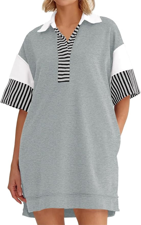 Wenrine Women's Polo V Neck T Shirt Dress Casual Summer Oversized Color Block Short Sleeve Sweats... | Amazon (US)