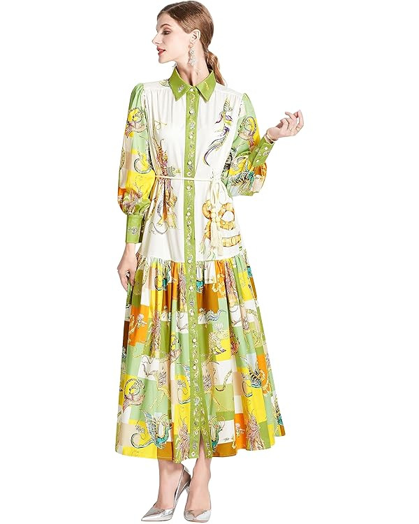 LAI MENG FIVE CATS Women's Floral Print Long Sleeve Flowy Casual Button Up Maxi Dress with Belt | Amazon (US)