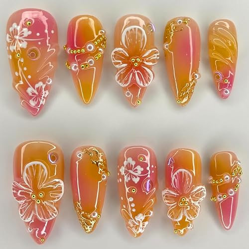 Flower Press on Nails Medium Almond Fake Nails with 3D Pearl Rhinestones Design Hibiscus Floral False Nails Glossy Pink Yellow Gradient Acrylic glue on Nails Full cover Spring stick on Nails for Women | Amazon (US)