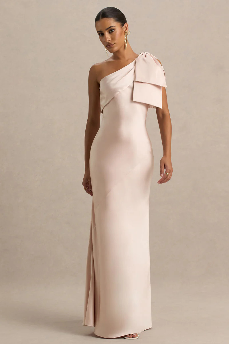 Valerie | Light Pink Satin Asymmetric-Neck Maxi Dress With Bow Detail | Club L London