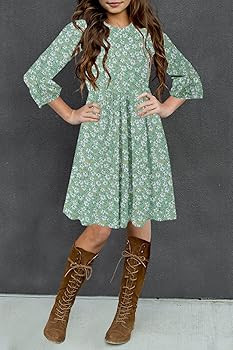 HOSIKA Girls Midi Dress Floral 3/4 Sleeve Ruffle A-line Swing Casual Dresses with Pockets for Kid... | Amazon (US)