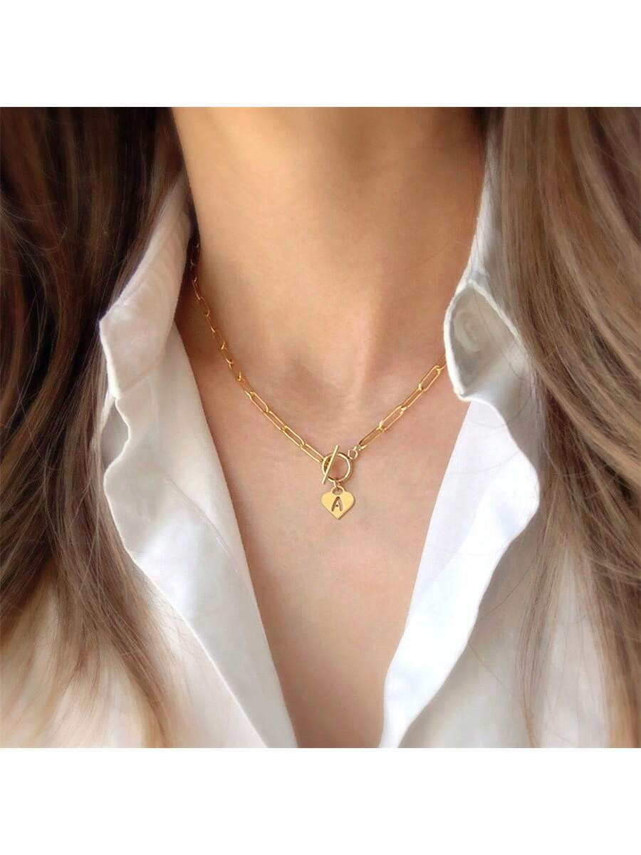1 pieza nuevo 26 con corazón inicial de acero inoxidable Clips Collar de cadena para mujeres | SHEIN