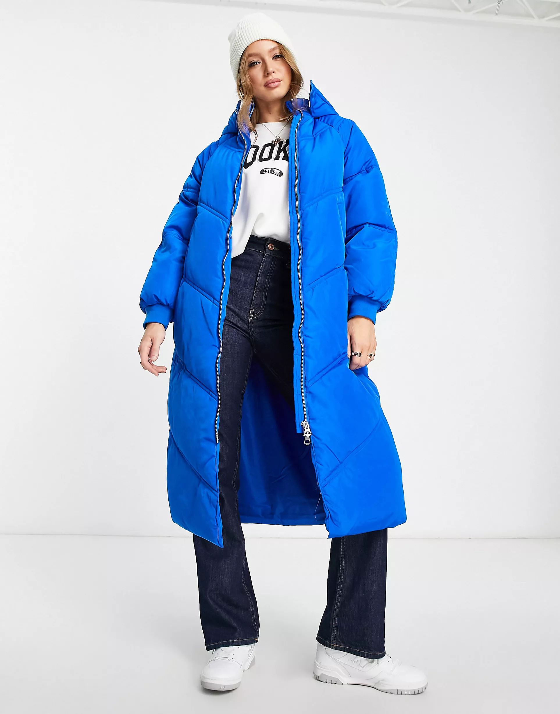 Pieces longline padded coat with hood in bright blue | ASOS (Global)