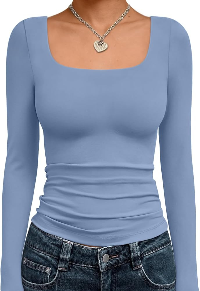 Trendy Queen Womens Long Sleeve Shirts Crop Tops Fall Fashion 2025 Square Neck Going Out Basics T... | Amazon (US)
