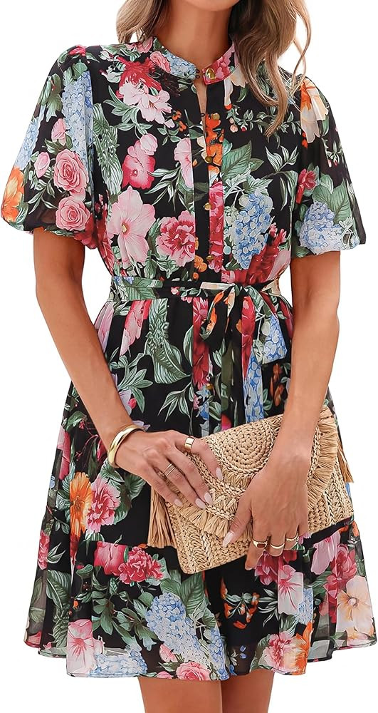 Simplee Womens Floral Short Summer Dresses Casual V Neck Button Down A-Line Tiered Ruffle Boho Mi... | Amazon (US)