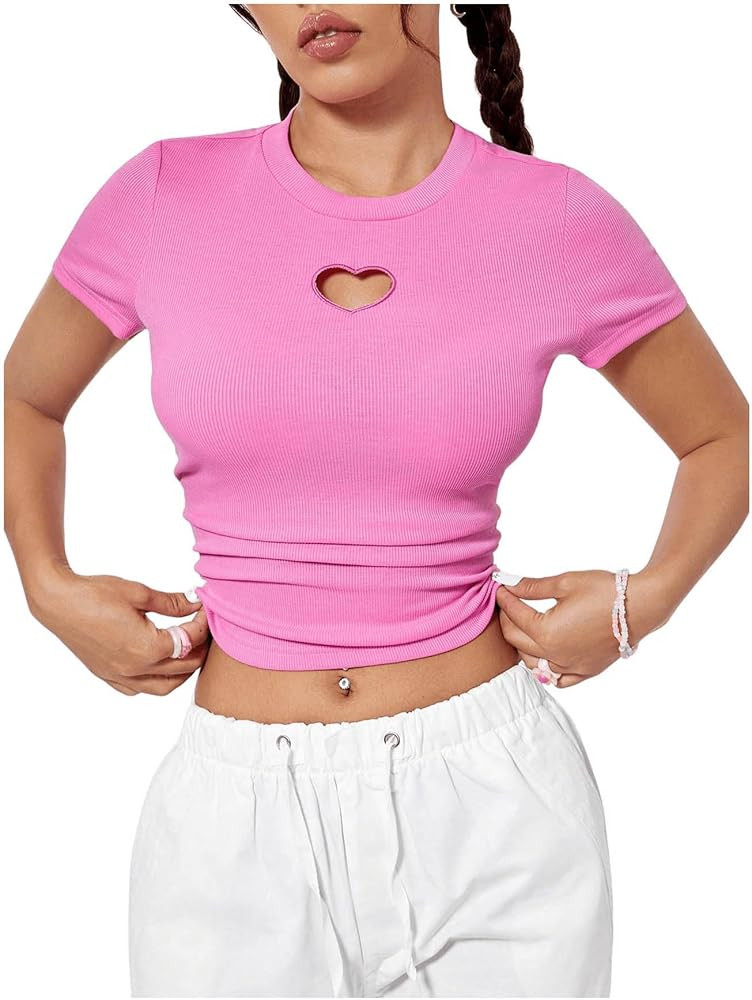 SweatyRocks Women's Cut Out Heart Shape Slim Fit Short Sleeve Ribbed Knit Y2K Tee Top | Amazon (US)