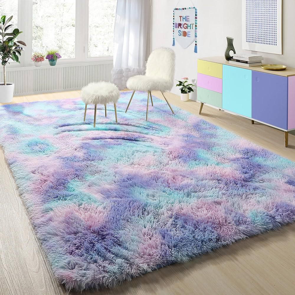PAGISOFE Cute Kawaii Purple Rainbow Rug for Girls Bedroom, 5x8 Washable Area Rug, Soft Fluffy Sha... | Amazon (US)