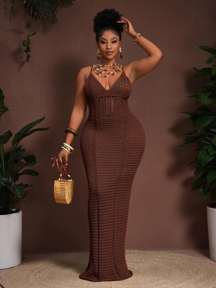 Slaydiva 2025 Spring/Summer New Bohemian Vacation Casual Party Khaki Knitted Waist Hollow Sheer Slip Dress, Plus Size Women Brown Bodycon Maxi Dress Knit Maxi Dress Crochet Maxi Dress Brown Crochet Maxi Dress Brown Knit Maxi Dress Winter Fall Autumn | SHEIN
