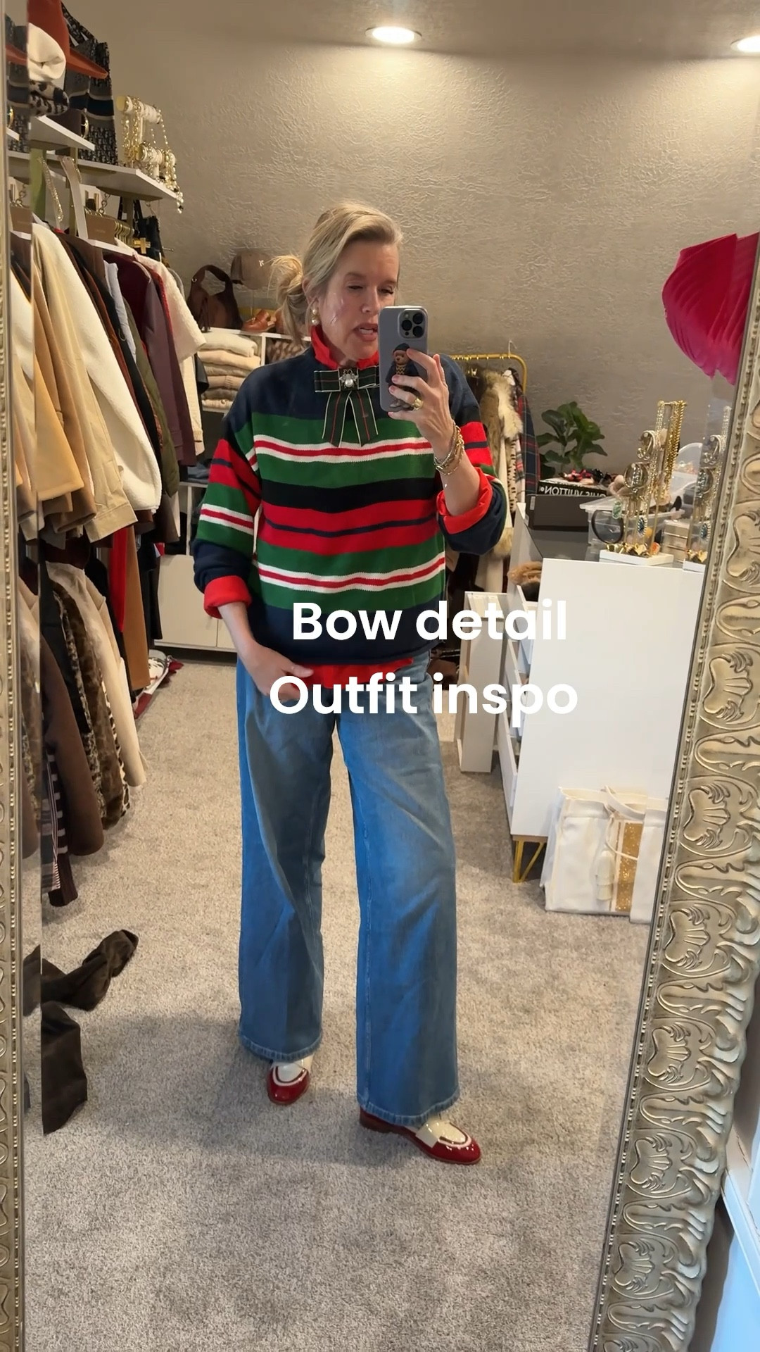 Bow detail- preppy vibe
Mix of savings & splurge 

Outfit inspiration 

Amazon find Stripe Sweater 
Tts in a med

Red button up Chicos tts in a 0 

NEW wide leg Spanx high waisted jeans  tts in a med 
Button and zip closer 
Save 15% with code : Deardarcyxspanx 

Cecelia NYC two toned patten leather loafer tts 

Gucci inspired grosgrain bow with bee (affordable find) add to a bag, a blazer or neck like I have here🎀🐝

Pearl earrings Julie Vos

Wear what you love, over dress,
Layer up and have fun with your wardrobe



#LTKootd #LTKdayinmylife #LTKOver40