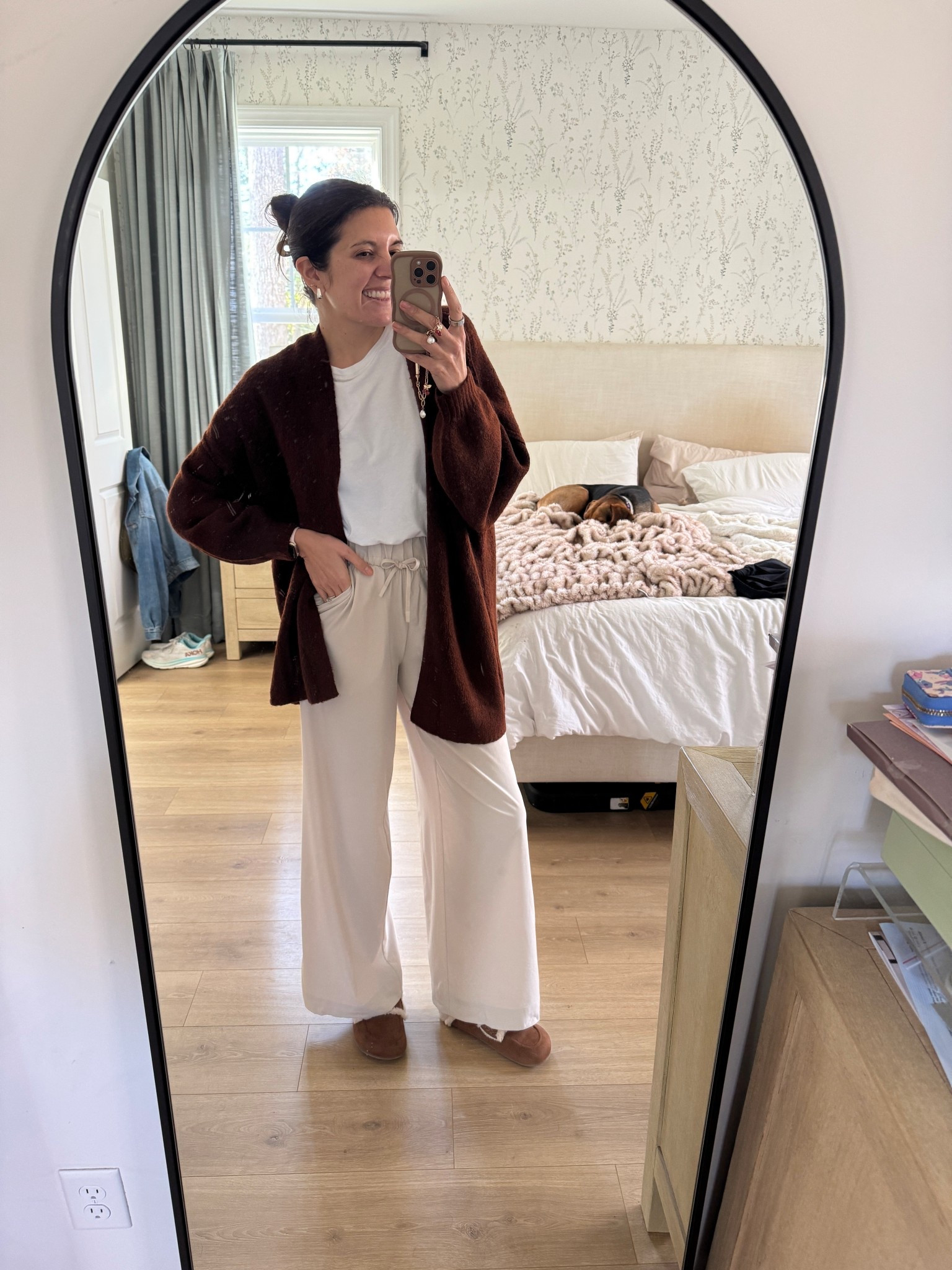 Cozy mom vibes!! Small in tee, cardigan and pants. Slipper loafers fit tts. I’m 5’7” 

#LTKTall #LTKOver40 #LTKootd