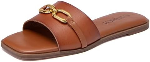 Women's Leather Slide Sandals with Chain Detail, Summer Beach Open Toe Slip On Slipper, Elegant F... | Amazon (US)