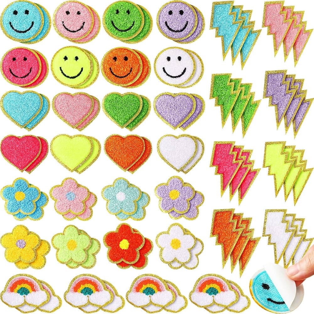 80 Pcs Chenille Patches - Self Adhesive 3D Cute Embroidered Rainbow Lightning Smile Face Heart Ap... | Amazon (US)