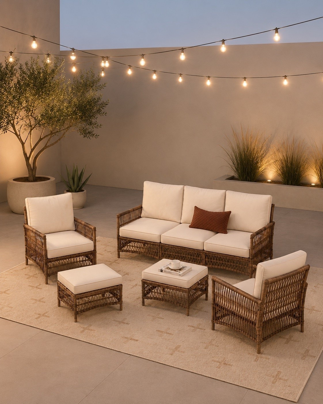 If you’ve been thinking about refreshing your patio for summer, this is such a good neutral setup 🤍 The woven texture, soft cream cushions, and warm string lights give it that cozy, elevated outdoor look without feeling overdone. I love how this layout makes the space feel intentional and pulled together, whether you’re hosting or just sitting outside in the evenings. This is one of those patio sets that works year after year because the tones are so timeless and easy to style with what you already have. Follow me on LTK for daily home decor, patio styling ideas, and the best furniture finds.

#LTKHome #LTKSeasonal #LTKSaleAlert