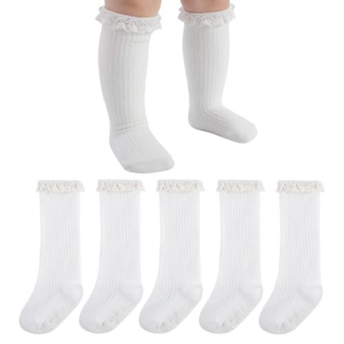 MKYSZLT White Baby Girl Knee High Socks Newborn Infant Toddler Cotton Ruffle Long Socks Non Slip Stockings Dress Sock (US, Age, 0 Months, 6 Months, all white) | Amazon (US)