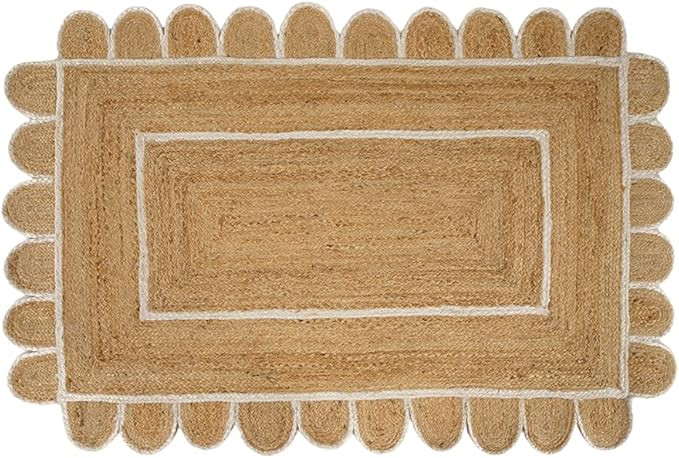 GRUHUM Scalloped Jute Rugs 2'x3' ft Natural White Trim Rectangular Handmade Boho Farmhouse Soft B... | Amazon (US)