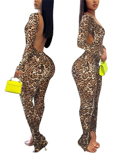 Hafailia Bodycon Jumpsuits for Women Sexy Backless Leopard Long Sleeve High Wasited One Piece Outfits Catsuits Brown Cheetah Print M | Amazon (US)