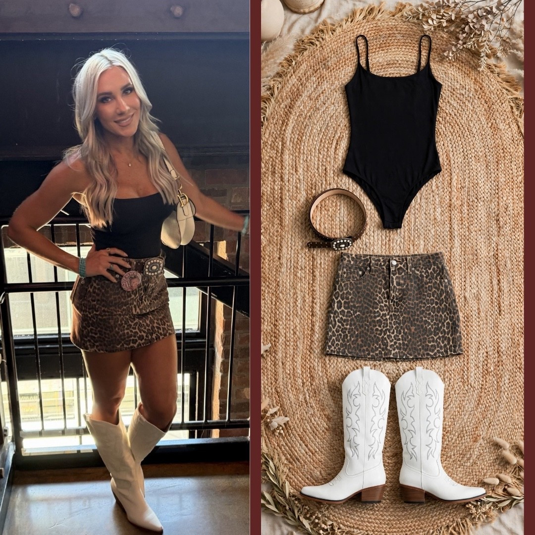 Leopard + white boots is my whole personality now 🐆🤍

This combo is perfect for a country concert, Nashville night, or rodeo weekend. Wearing the black bodysuit, leopard denim mini, and these white cowboy boots run true to size. The concho belt pulls it all together!

#LTKStyleTip #LTKFall #westernstyle #leopardprint #cowboyboots #countryconcertoutfit #nashvilleoutfit #rodeooutfit #whitebootsoutfit #ltkshoe