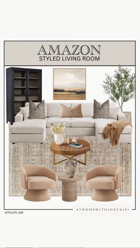 Amazon styled living room, boucle pillow, white sofa, brown and gold coffee table, arched bookcase, black cabinet, accent chair, accent table, framed wall art, faux greenery. 

#LTKStyleTip #LTKHome
