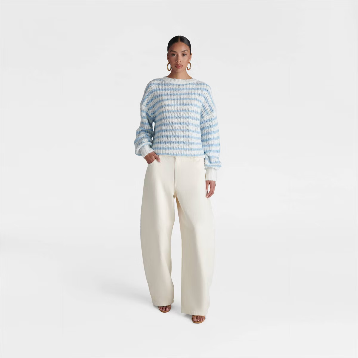 KBB by KAHLANA Women's 'The Oversized Drop Shoulder Crewneck Pullover Sweater' - Cream/Blue | Target