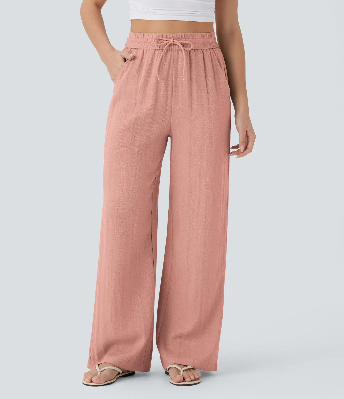 Women’s High Waisted Drawstring Pocket Wide Leg Baggy Casual Linen-Feel Pants - Halara | HALARA