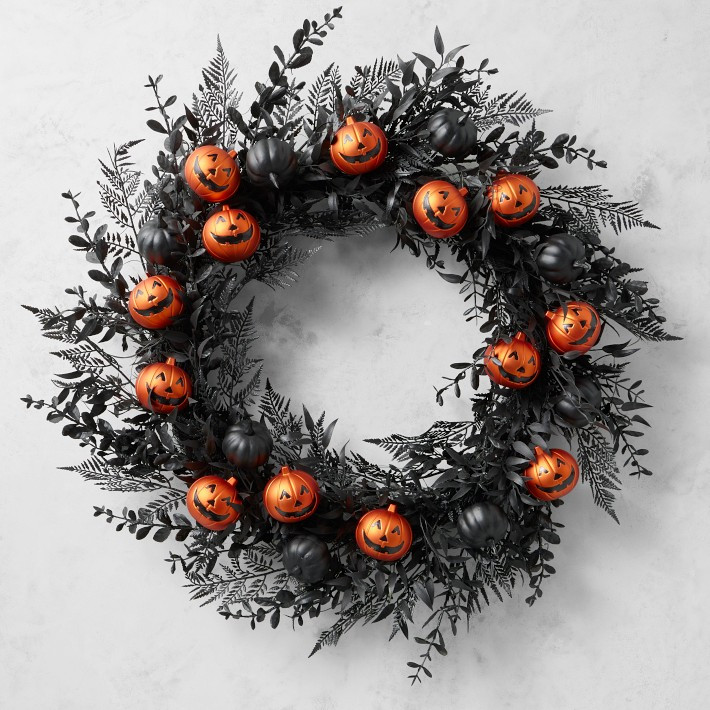 Pre-Lit Jack O'Lantern & Black Pumpkin Faux Wreath, 28" | Williams-Sonoma