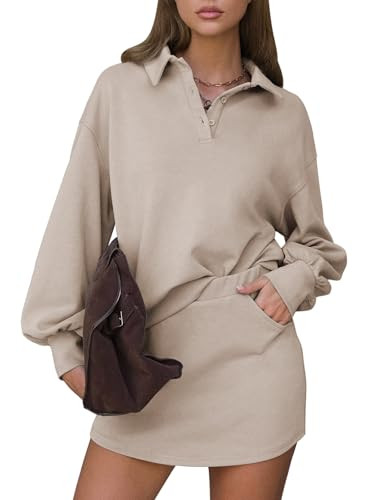 EXLURA Womens 2 Piece Sets Polo Sweatshirt Skort Set Airport Long Sleeve Matching Workout Sets Tennis Travel Spring Outfits | Amazon (US)