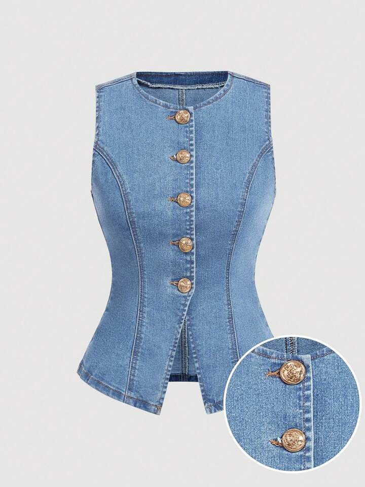 SHEIN MOD Women's Summer Casual Front Button Sleeveless Denim Blouse | SHEIN