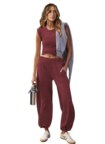 Outfeel Women 2 Piece Outfit Set Loungewear Cropped Tops and Jogger Sweatpant Matching Set Coordinated Sweatsuit with Pockets Dark Red Large | Amazon (US)