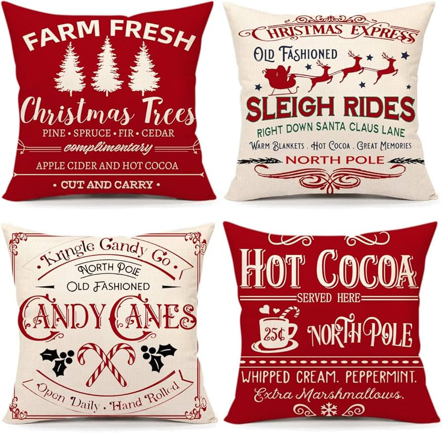 Farmhouse Christmas Pillow Covers 18"x18" Set of 4 Vintage Winter Decorations Xmas Red Retro Chri... | Amazon (US)