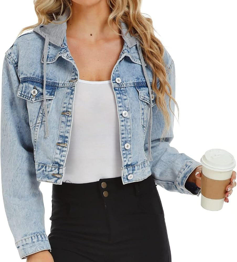 LifeShe Women Croped Denim Jacket Button Down Distressted Jean Jackets with Detachable Hood | Amazon (US)