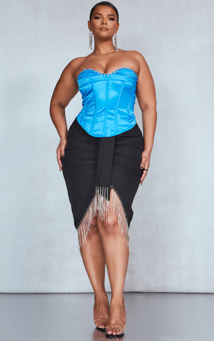 Plus Blue Diamante Trim Strapless Corset Top | PrettyLittleThing US