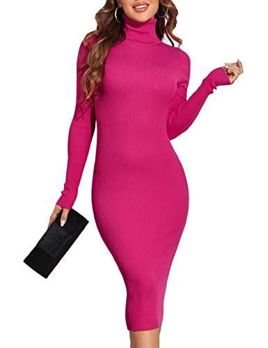PrettyGuide Women's Turtleneck Knit Pullover Long Sleeve Stretch Bodycon Sweater Dress Hot Pink M | Amazon (US)