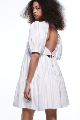 NWT Zara White Poplin Tiered Puff Sleeve Open Back with Tie Mini Dress Lined XS | eBay US
