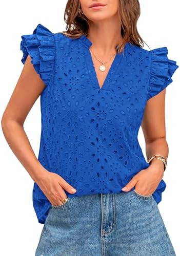 BTFBM Women Eyelet Spring Summer Tops Dressy Casual V Neck Ruffle Cap Sleeve Cotton Boho Shirts E... | Amazon (US)