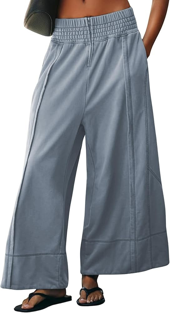 TAQCUX Womens Wide Leg Pants Casual Elastic High Waist Baggy Sweatpants Loose Cotton Lounge Palaz... | Amazon (US)