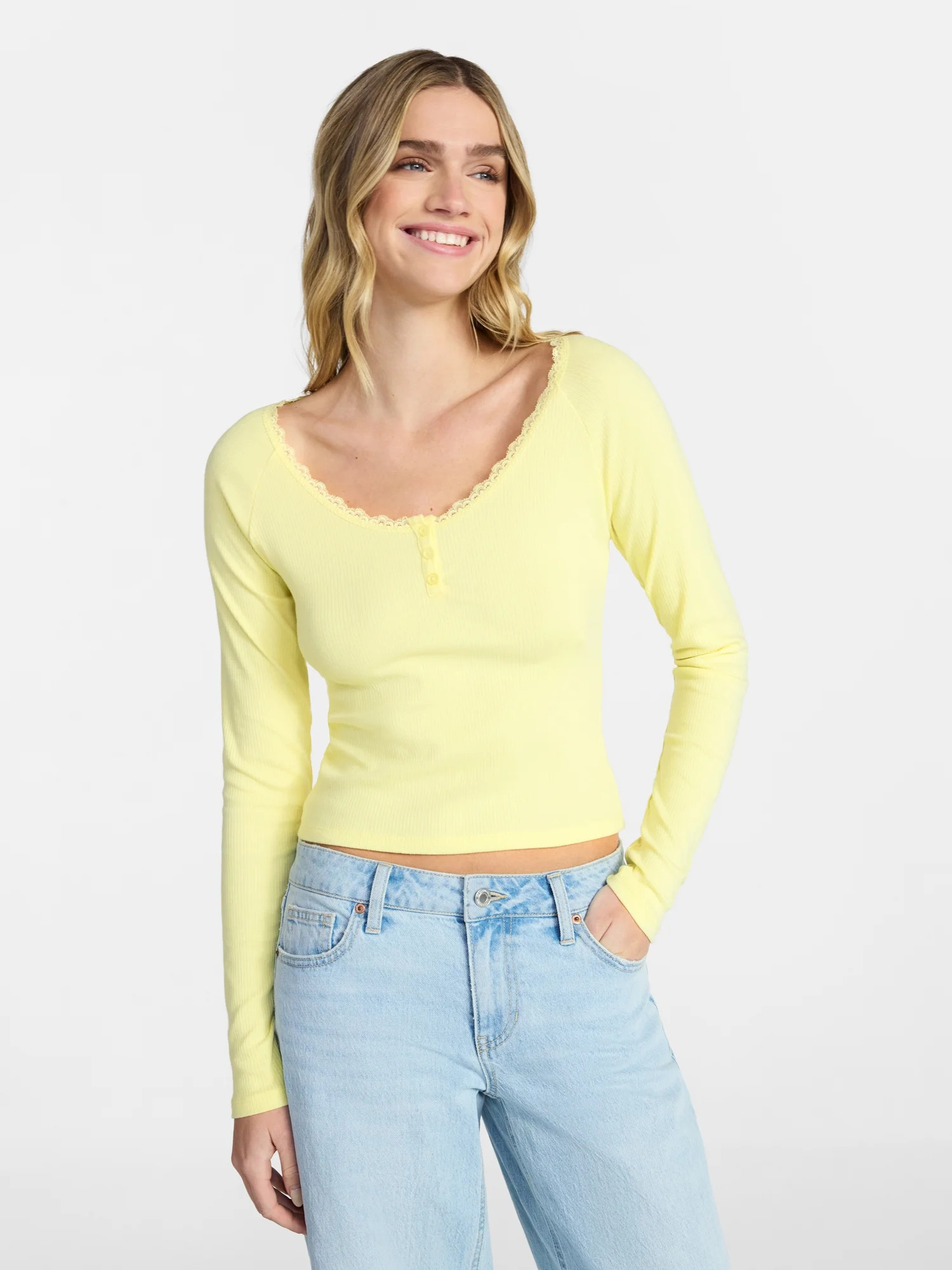 No Boundaries Long Sleeve Henley Top with Lace Trim, Women's XXS-XXL | Walmart (US)