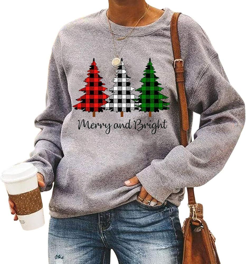 Merry and Bright Shirt Women Funny Leopard Printed Plaid Christmas Trees Long Sleeve Sweatshirts ... | Amazon (US)