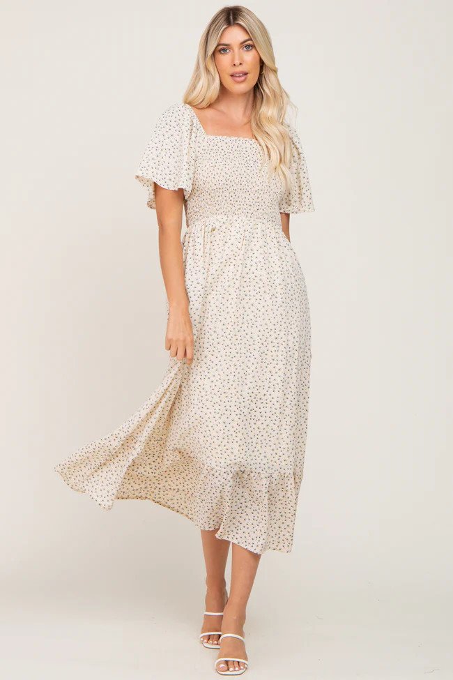 Cream Floral Smocked Midi Dress | PinkBlush Maternity