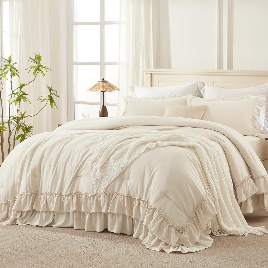 Andency Beige Full Size Comforter Set, 3 Pieces Farmhouse Shabby Chic Ruffle Comforter, Soft Ligh... | Amazon (US)