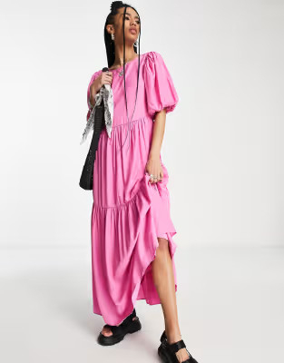 Only premium satin tie back tiered maxi dress in bright pink | ASOS (Global)