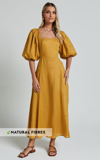 Amalie The Label - Zoya Linen Short Puff Sleeve Backless Maxi Dress in Gold | Showpo (US, UK & Europe)