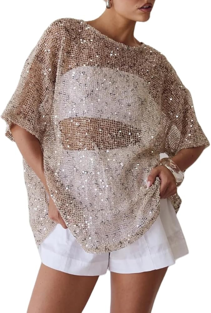 Women Sequin Sheer Short Sleeve Glitter T Shirt Oversized Sparkly Hollow Out Knit Cover Up Beach ... | Amazon (US)