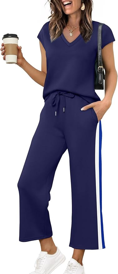 Saloogoe Two Piece Sets for Women Summer Outfits Lounge Sets V Neck Tops Wide Leg Pants Woman Vac... | Amazon (US)