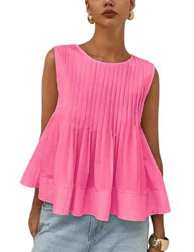 Wyeysyt Womens Pleated Peplum Tops Summer Sleeveless Ruffled Tank Tops Babydoll Blouse Casual Shirred Flowy Shirts(Pink-S) | Amazon (US)