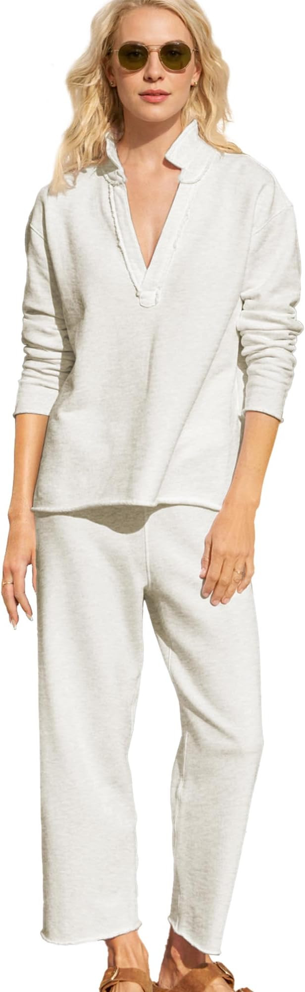 Hixiaohe Two Piece Sets for Women Long Sleeve V Neck Pullover Tops Wide Leg Pants Travel Set Matc... | Amazon (US)