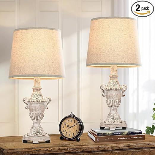 Table Lamps for Bedrooms Set of 2, Vintage Bedside Lamps with Cream Fabric Shade, Antique Resin T... | Amazon (US)