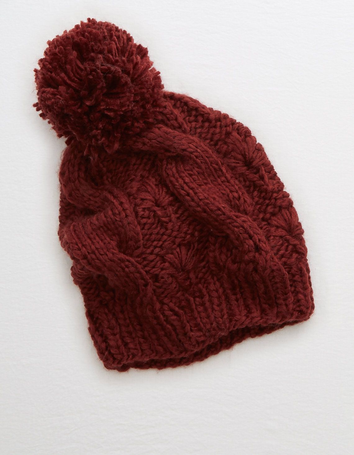 Aerie Pom-tastic Cable Beanie, Burgundy Ivy | American Eagle Outfitters (US & CA)